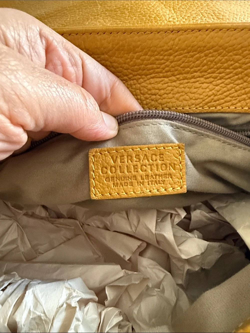 Versace Collection Mustard Yellow Leather Satchel with Gold Chain